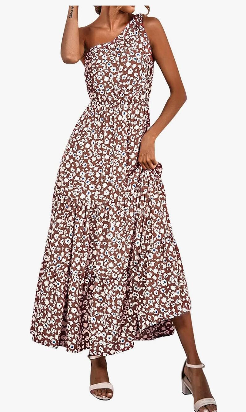 PRETTYGARDEN Floral One Shoulder Maxi Dress Ruffle Tiered Boho Coffee Brown